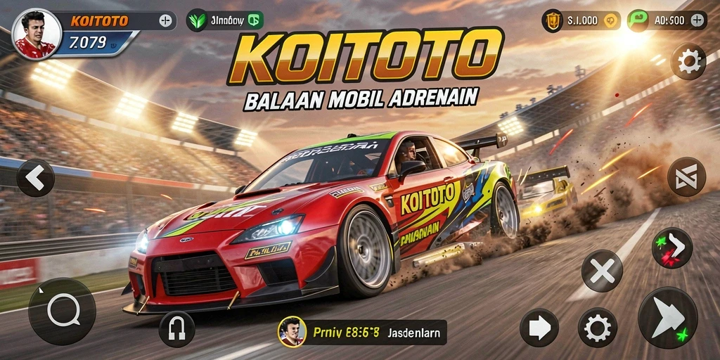 Screenshot utama KOITOTO menampilkan balapan mobil yang intens dan grafis memukau.