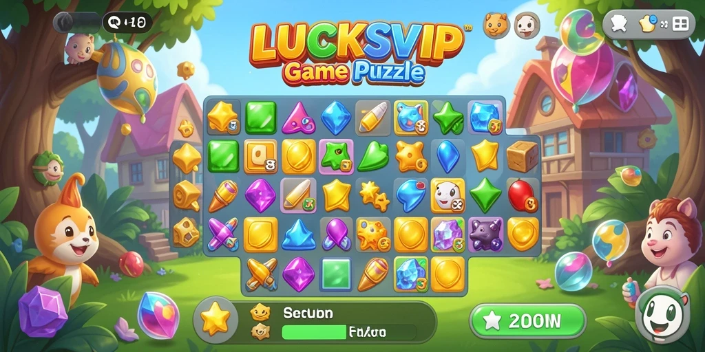 Tangkapan layar LUCKSVIP menampilkan gameplay Match-3 yang seru dan penuh warna.