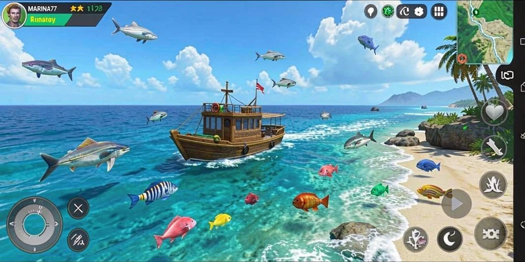 Screenshot utama MARINA77 menampilkan pemain menjelajahi terumbu karang yang indah.