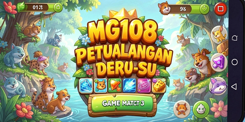 Screenshot gameplay MG108 dengan warna cerah dan tantangan Match-3 yang menarik.