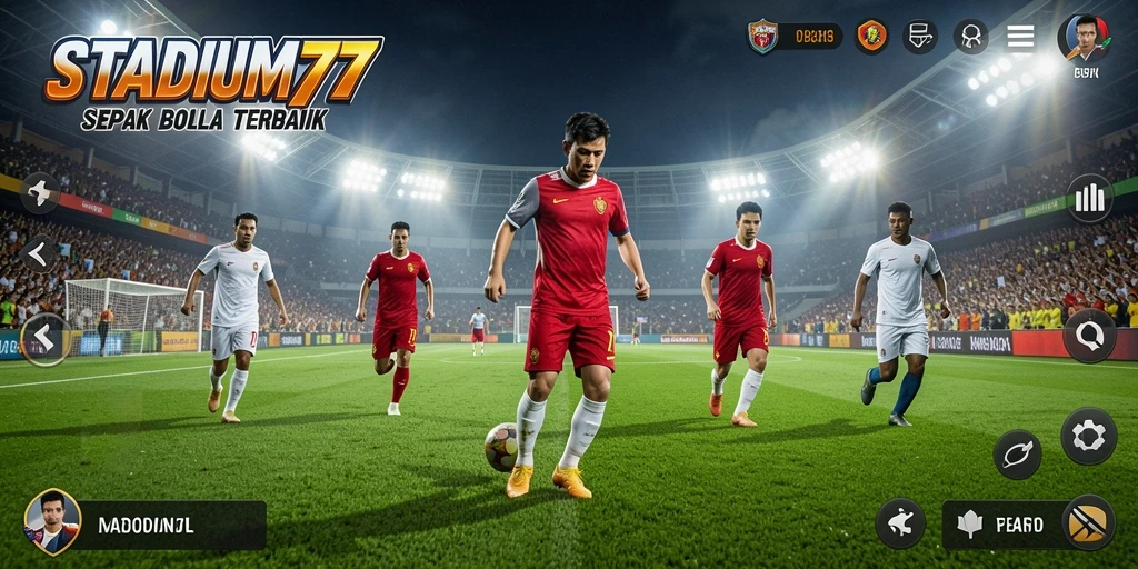 Menampilkan aksi seru di lapangan sepak bola STADIUM77.
